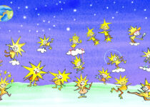 Illustration: Viele gelbe Sternchenfiguren tummeln sich nachts zwischen Wolken, die Erde und der Mond scheinen im Hintergrund.